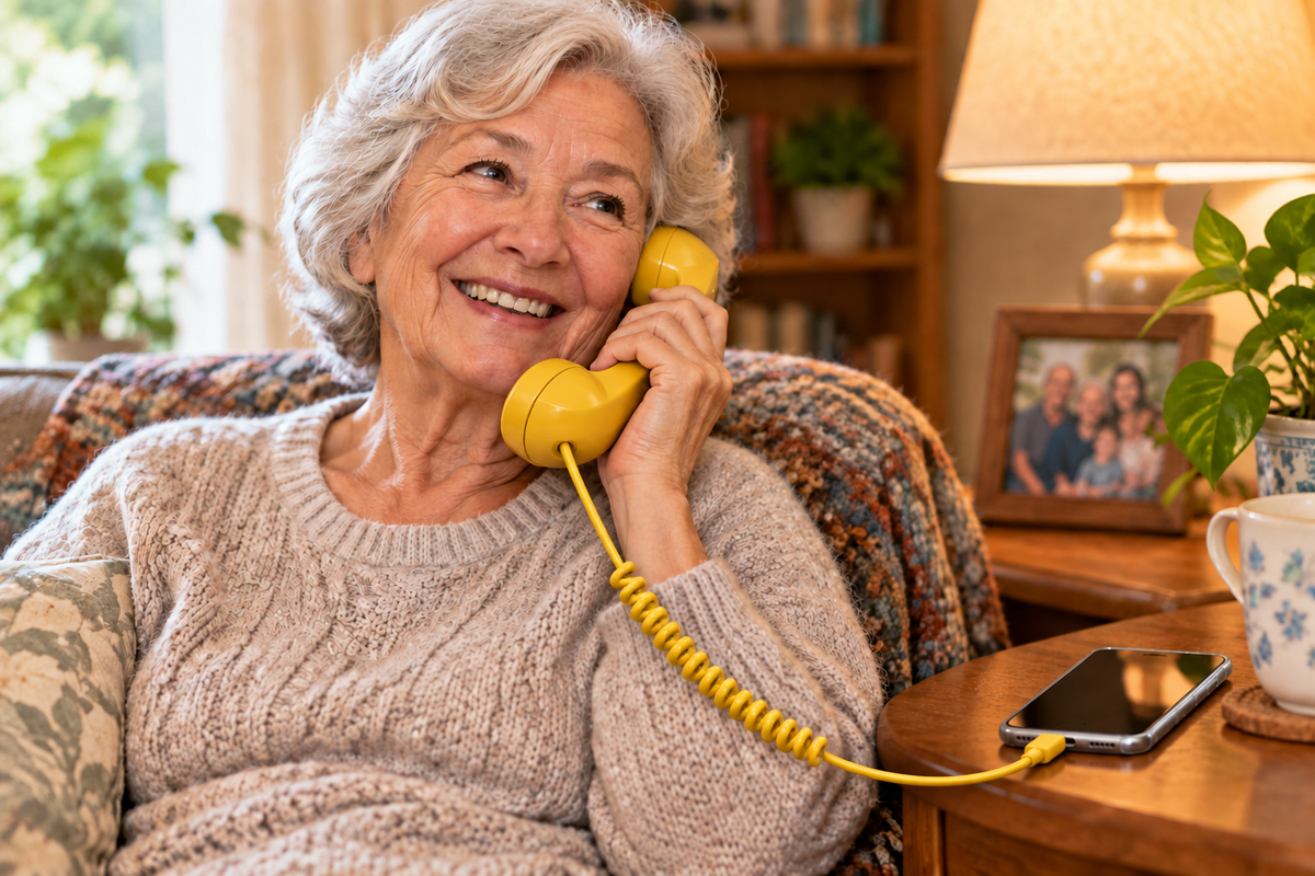 Older woman using a yellow handset with a cord coiled in the middle