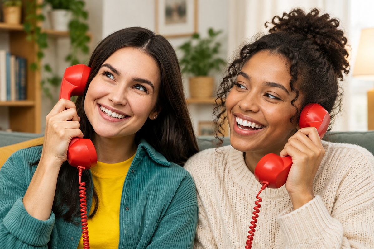 Two friends using retro handsets